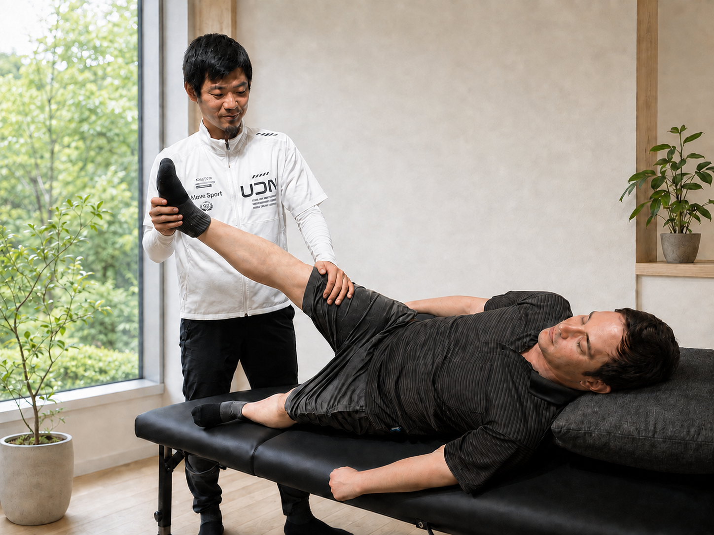 白いウェアのトレーナーが、利用者の足と膝を支えながら脚のストレッチを行う様子